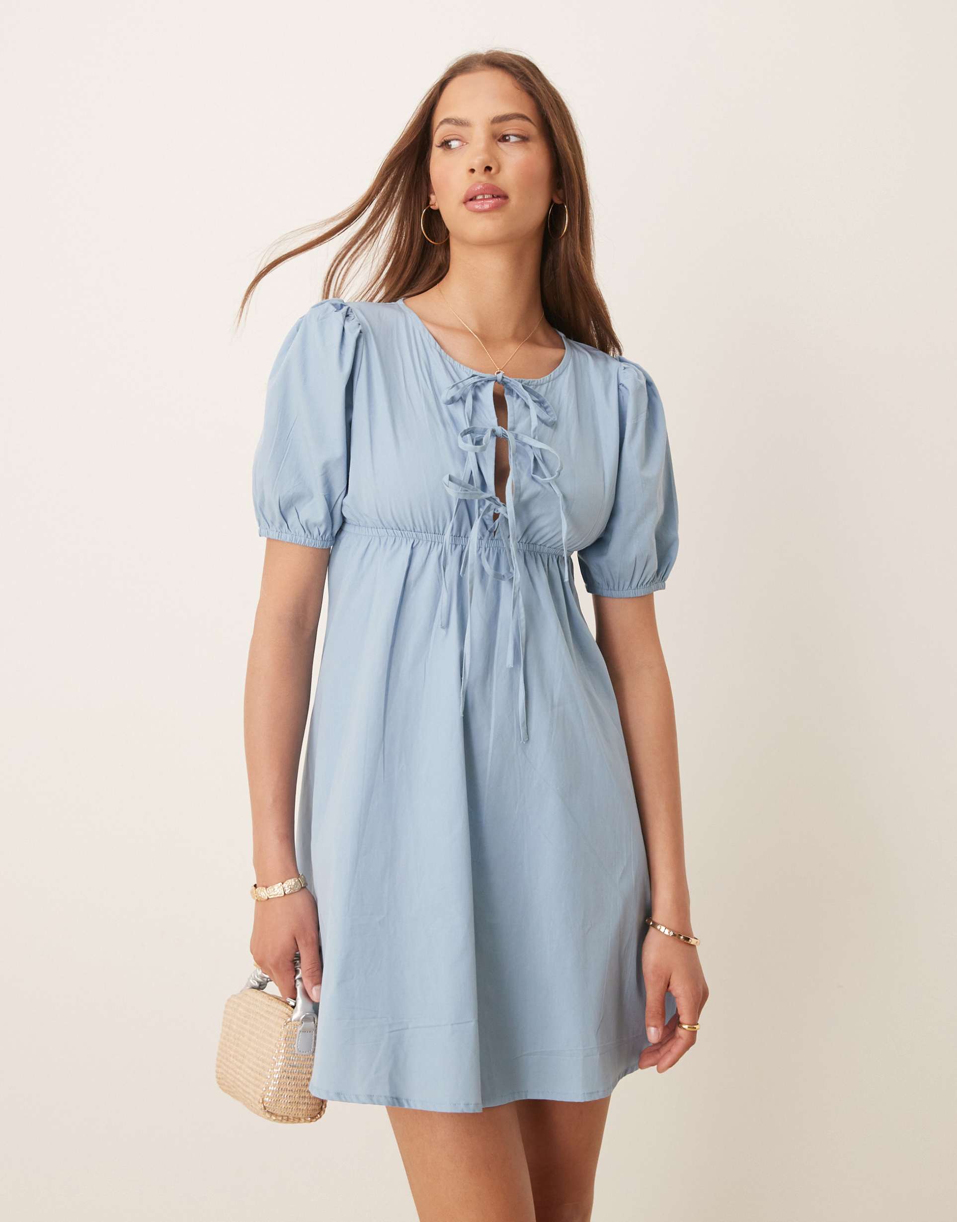 esmée exclusive tie front puff sleeve mini beah dress in dusty blue