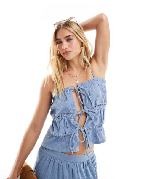 Esmee Exclusive tie front tiered beach crop top in blue