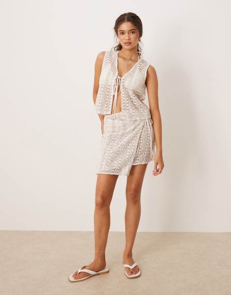 Esmée Exclusive tie side mini beach skirt in pink & green broderie - view 1