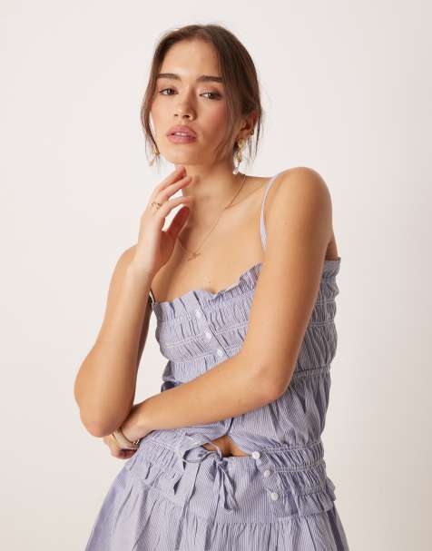 Esmee Exclusive tiered beach crop top with trim detail in blue and white stripe - view 1
