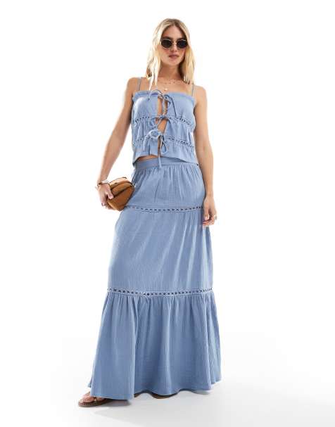 Esmee Exclusive tiered maxi beach skirt in blue - view 1