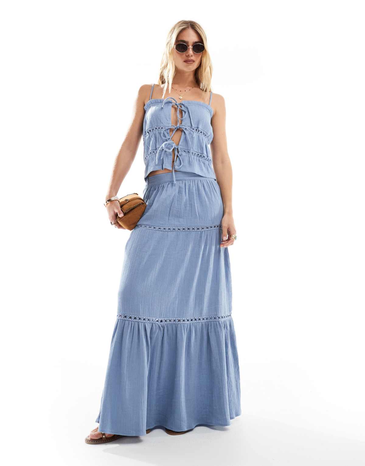 Esmee Exclusive tiered maxi beach skirt in blue