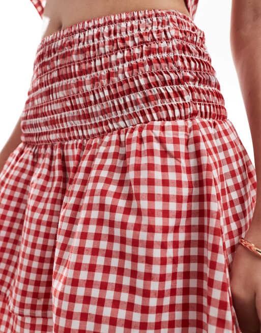 Esmée Exclusive tiered mini beach skirt in red gingham, 4 of 5