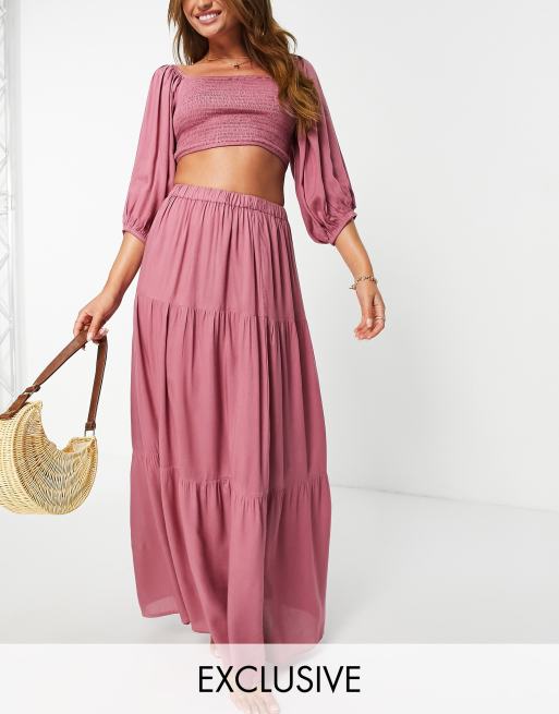 Esmee Exclusive tired prairie maxi beach skirt co ord in dusky pink ASOS