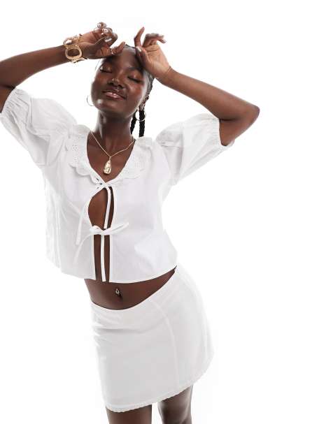 Esmee Exclusive white cotton poplin tie front top with lace collar in white - view 1