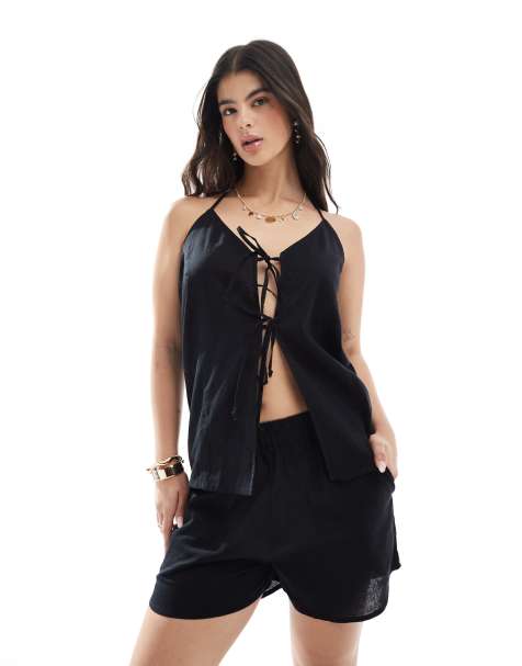 Esmee Exclusive halter tie front long line waist coat co-ord in black