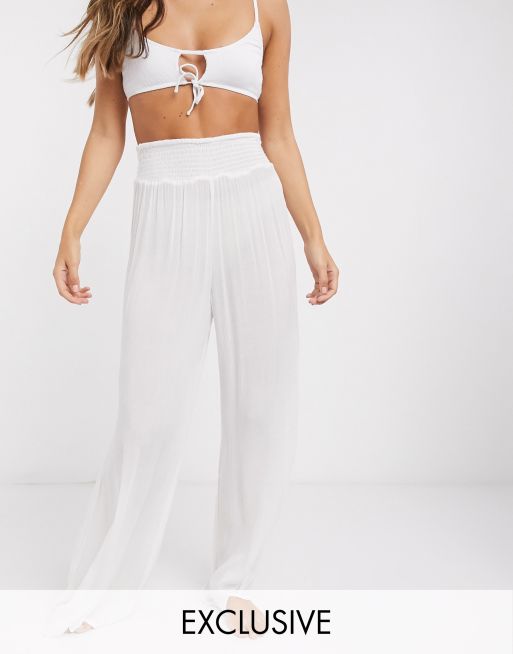 Mock Button Shirred Waist Wide Leg Sailor Pants In WHITE