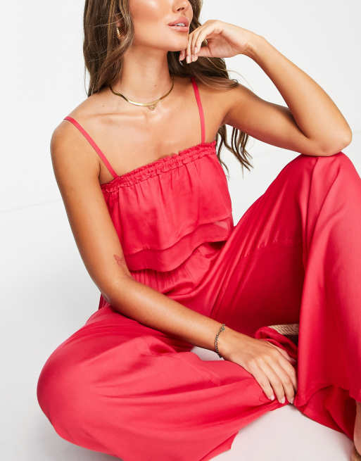 Esmee - Exclusives - Gelaagde strand crop top met bandjes en ruches in watermeloenkleur, deel van co-ord set