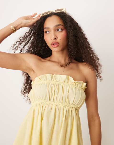 Esmée - Exclusives - Gerimpelde bandeau-top met linnen in botergeel - view 1