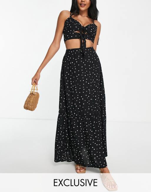 Esmee - Exclusives - Lange prairie-strandrok in zwart met stippen, deel van co-ord set 