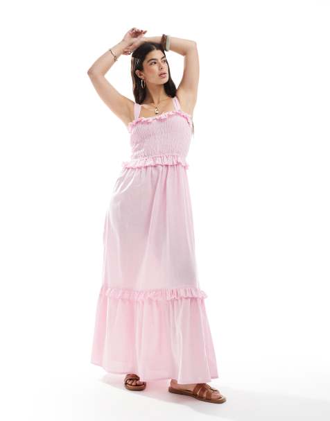 Esmee - Exclusives - Maxi-strandjurk met ruches, rimpeleffect en stroken in roze - view 1