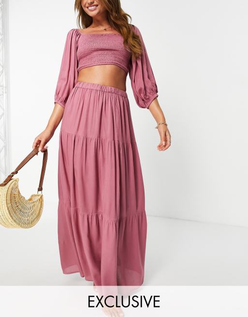 Esmee - Exclusives - Maxi strandrok met prairie lagen in oudroze, deel van co-ord set