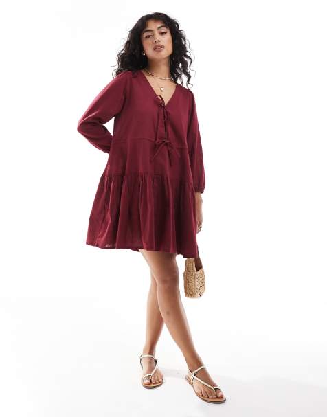 Esmée - Exclusivité - Robe de plage courte en lin mélangé à manches longues avec volants étagés et lien noué sur l'avant - Rouge cerise - view 1