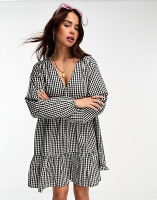 Esmee Exclusive beach tiered smock mini summer dress in black and white gingham  - ASOS Price Checker