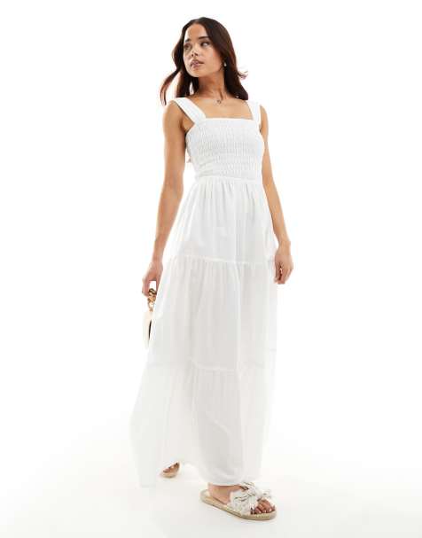 Esmée - Exclusivité - Robe d'été longue à taille froncée et carreaux vichy - Blanc - view 1