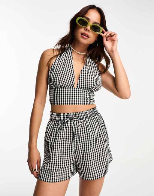 Esmée - Exclusivité - Short d'ensemble de plage froncé à motif vichy - Noir et blanc