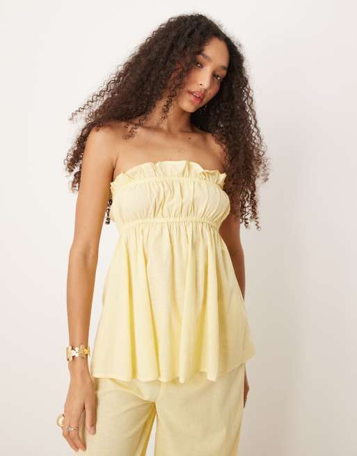 Esmée – Exklusiv – Gerafftes, trägerloses Oberteil in Buttergelb mit Leinenoptik, 2 von 4