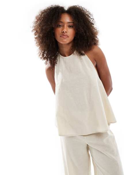 Esmée – Exklusiv – Hochgeschlossenes Longline-Strandtop in Beige mit Leinenoptik - view 1