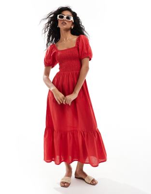 Esmée Exklusiv - Maxi-Strandkleid in Rot mit Puffärmeln