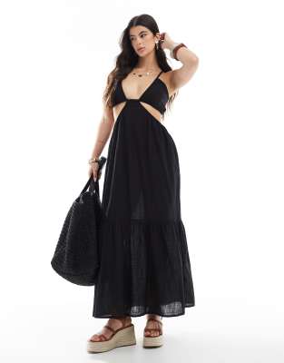 Esmee - Exklusiv - Maxi-Strandkleid in Schwarz mit Neckholder und Zierausschnitten