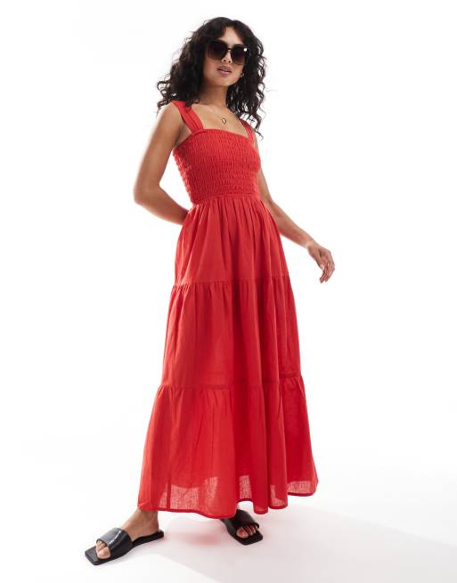 Esmée Exklusiv – Strand-Maxikleid in Dunkelrot mit gesmokter Taille