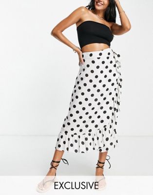 Esmee frill beach wrap skirt in white polka dot Exclusive to ASOS