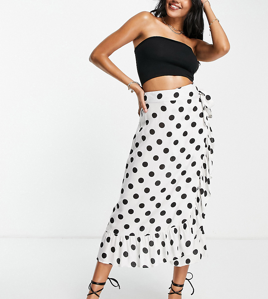 Esmee frill beach wrap skirt in white polka dot Exclusive to ASOS-Multi