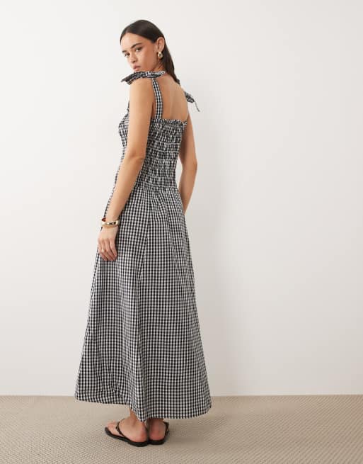 Esmee - Gesmokte maxi strandjurk met strikbandjes en gingham ruit in zwart en wit, 4 van 4