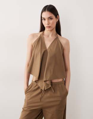 Esmée halter beach crop top in khaki brown - part of a set