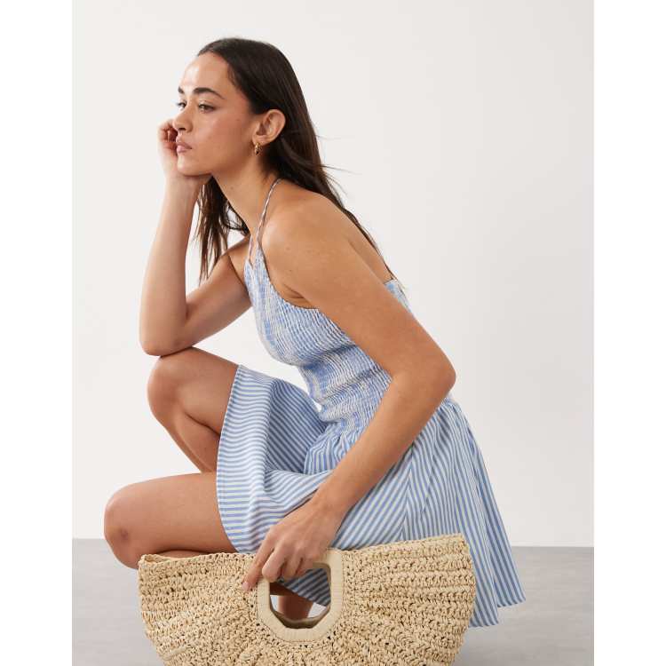 Esme halter mini Beach dress in blue & White stripes