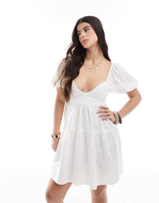 Esmee Exclusive cut-out mini puff sleeve beach dress in white