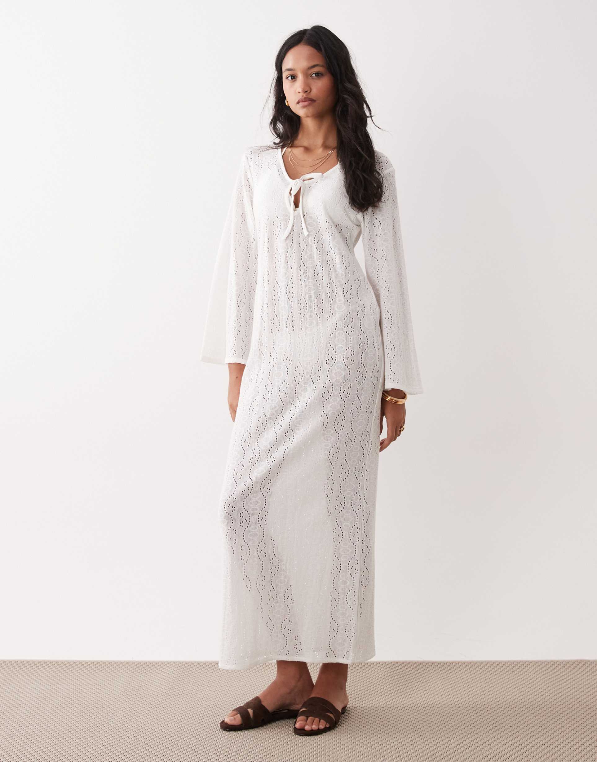 esmée knit tie front maxi beach dress cover up in white