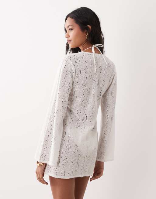Esmee knit tie front mini beach cover up dress in white , 4 of 4