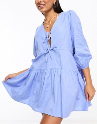 Esmee linen mix long sleeve tiered mini tie front beach dress in denim blue - ASOS Price Checker