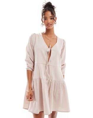 linen mix long sleeve tiered mini tie front beach dress in oat-White