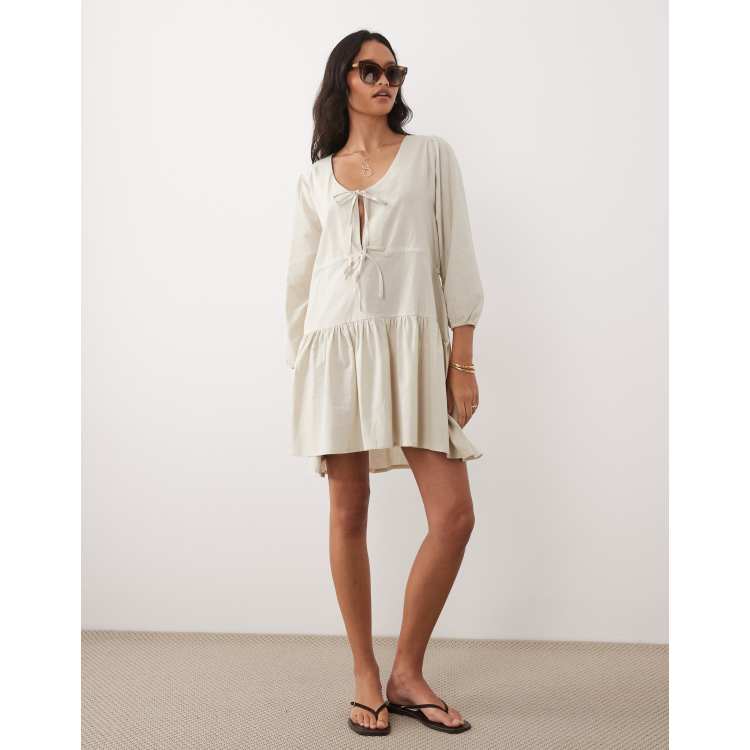 Esmée linen mix long sleeve tiered mini tie front beach dress in oat