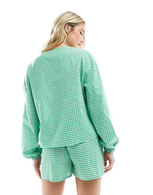 Esmee long sleeve gingham tie front beach shirt in green (part of a set), 3 of 4