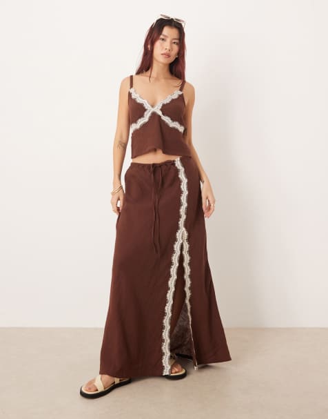 Esmee maxi beach skirt with cream lace detail in brown - part of a set - view 1