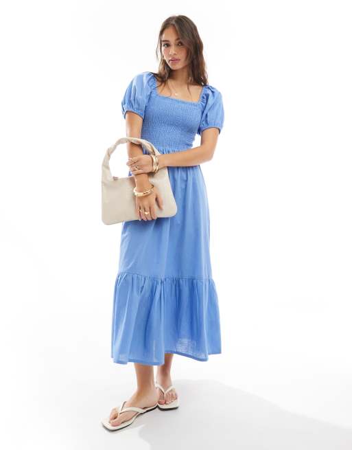 Esmée - Maxi jurk met pofmouwen in denimblauw
