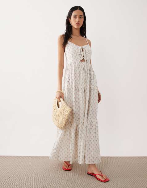 Esmee - Maxi strandjurk met gestrikte voorkant en smalle bandjes in fijne bloemenprint - view 1