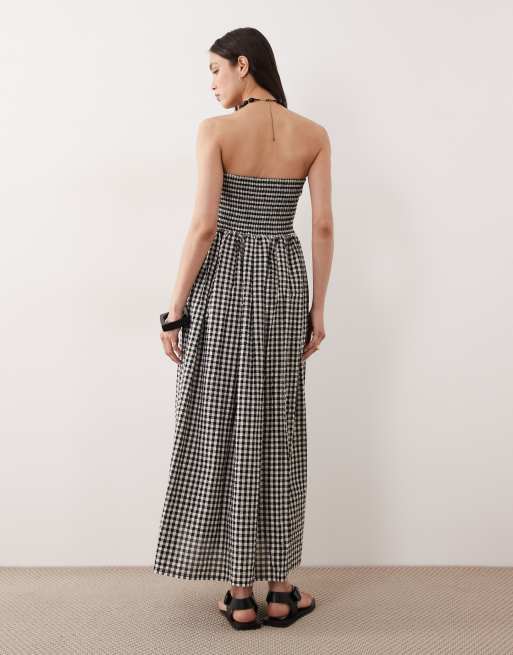 Esmee - Maxi-strandkjole med bandeau-snit og sorte/cremehvide gingham-tern, 4 af 4