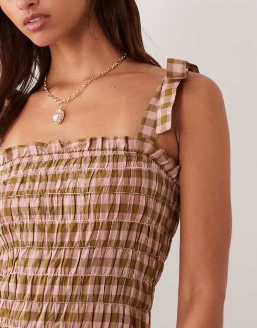 Esmee - Maxi-strandkjole med bindestropper og lyserødt/grønt gingham-tern, 3 af 4