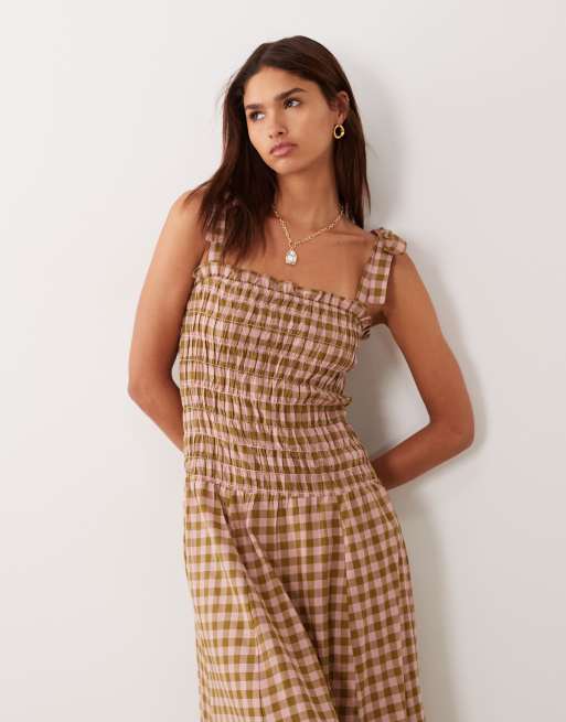 Esmee - Maxi-strandkjole med bindestropper og lyserødt/grønt gingham-tern, 4 af 4