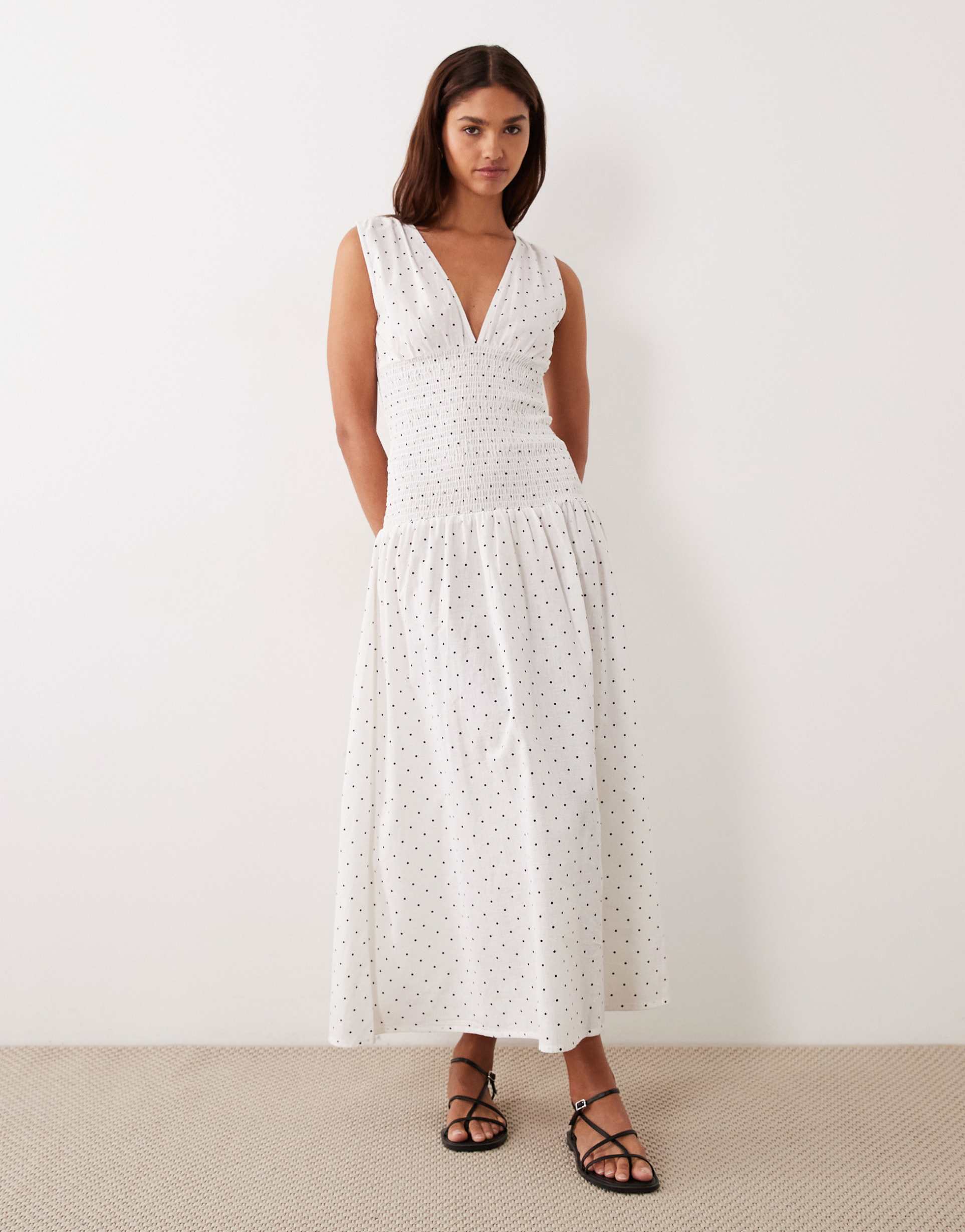 esmée mid waist shirred beach maxi dress in white & black polka dots