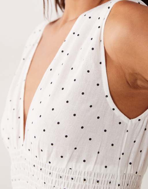 Esmee mid waist shirred maxi beach dress in white & black polka dot, 3 of 4