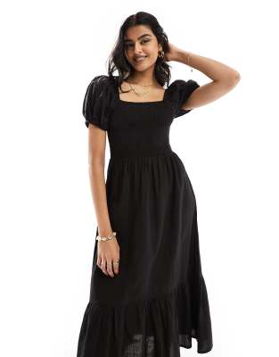 Esmée - Midi-Strandkleid in Schwarz mit Puffärmeln