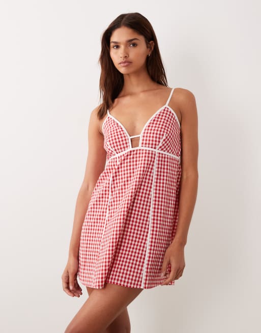 Esmee mini beach dress with contrast piping detail in red gingham, 4 of 4