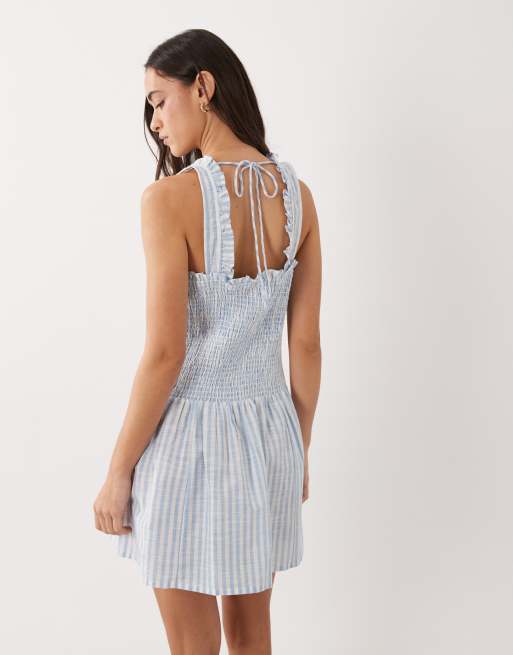 Esmee mini beach dress with ruffle trim in blue & white stripe, 3 of 4