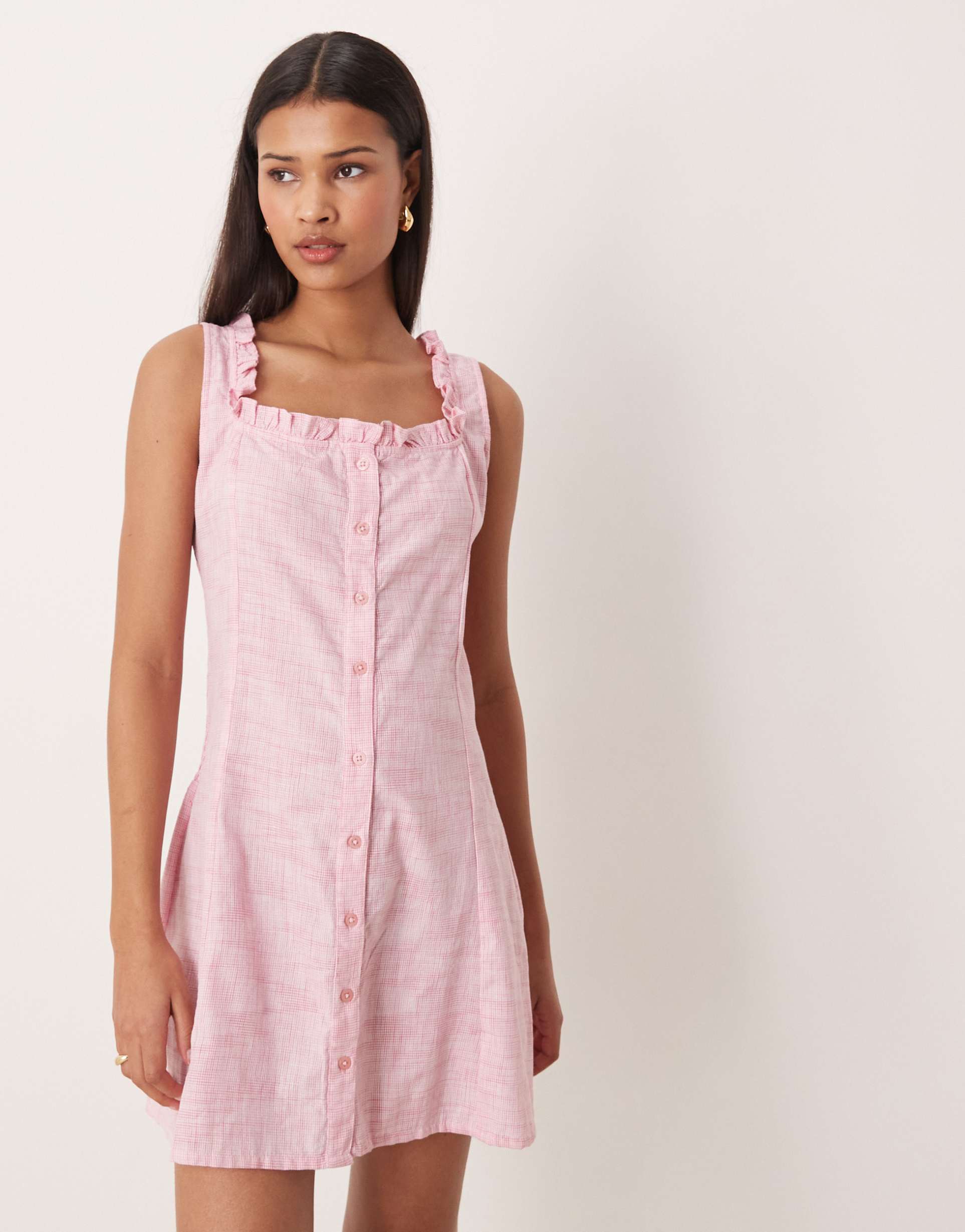 esmée mini beach dress with ruffle trim in pink gingham
