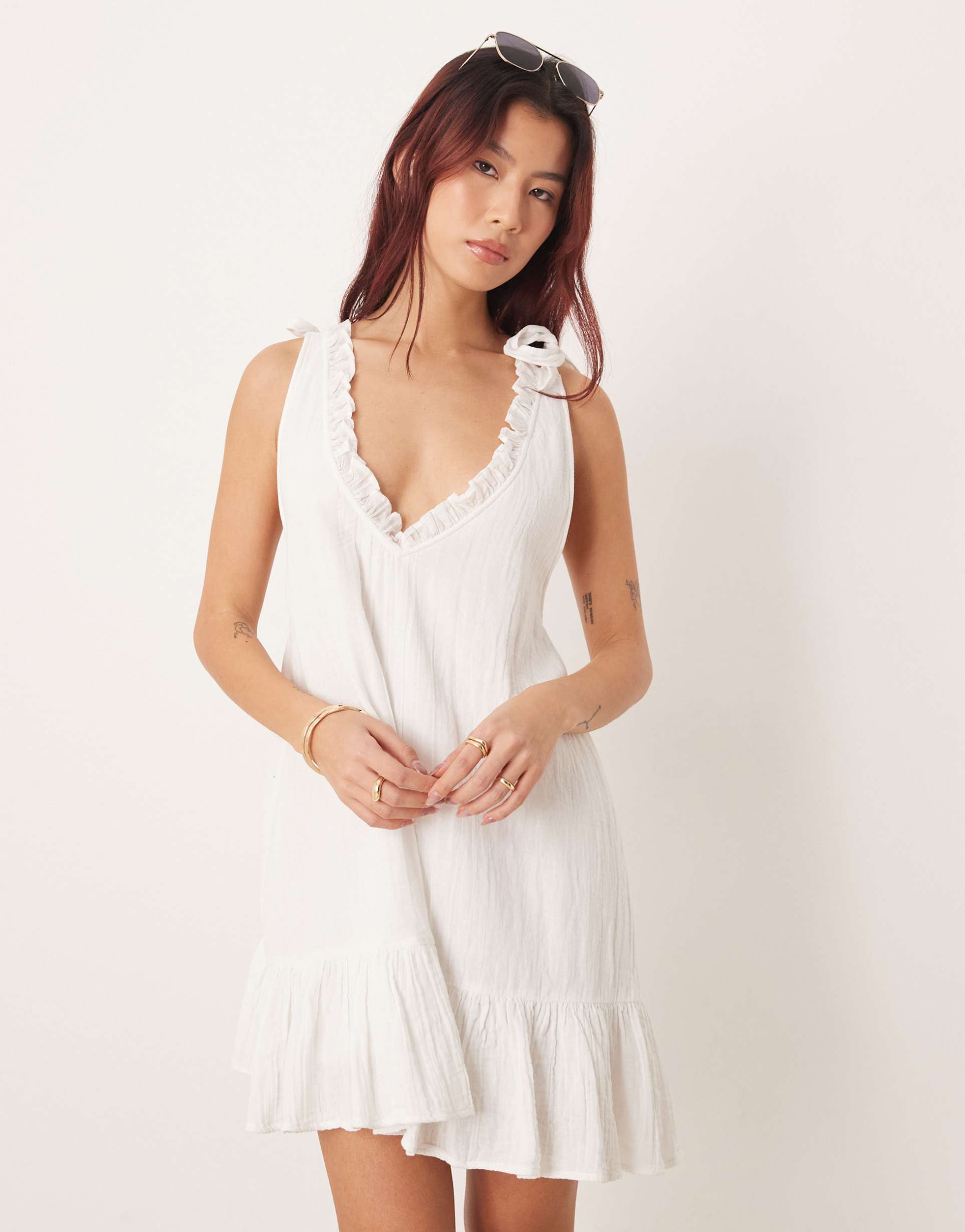 esmee mini beach dress with ruffle trim neckline in white